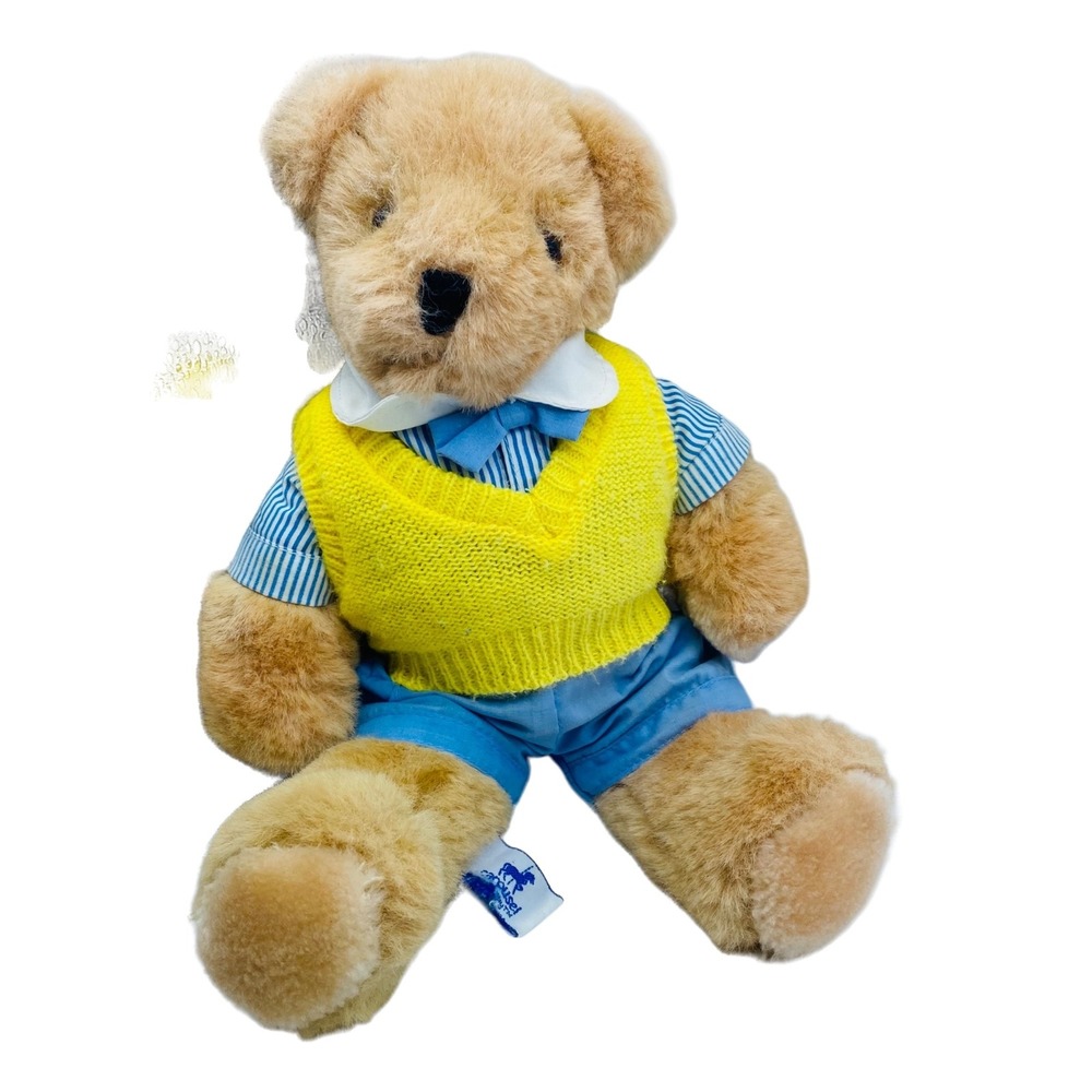 Vintage 1983 Carousel Teddy Bear Plush Yellow Sweater Blue Shorts 9" 23332-57C